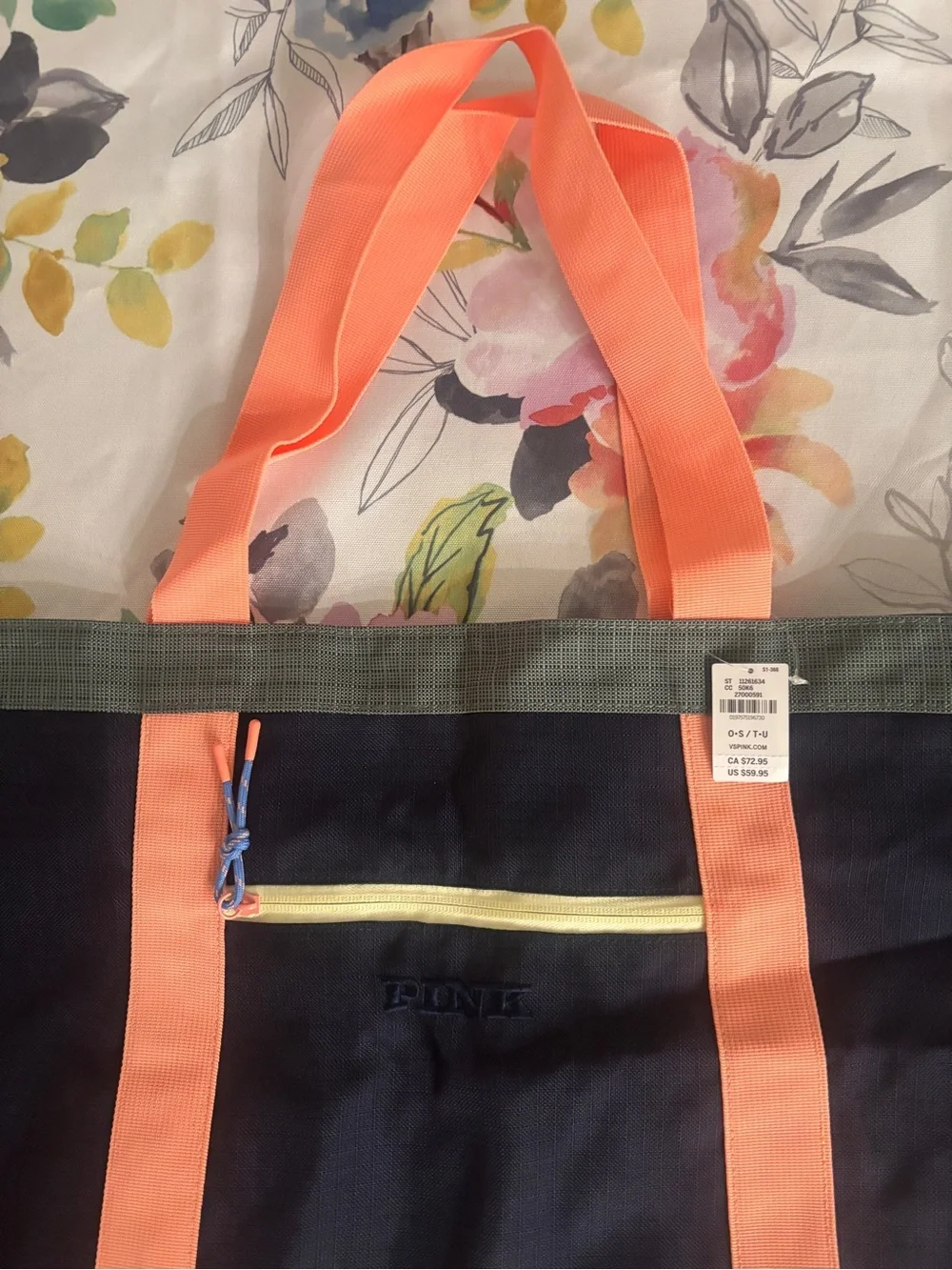 PINK Victoria's Secret Navy Tote with Orange Straps and Yellow Zip